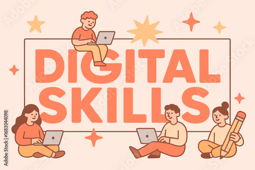 Digital Skills banner flat vector illustration bold oversized text inside rectangular frame cartoon characters sitting with laptops and pencils pastel trendy palette with #FFE4E1 #FFDEAD.