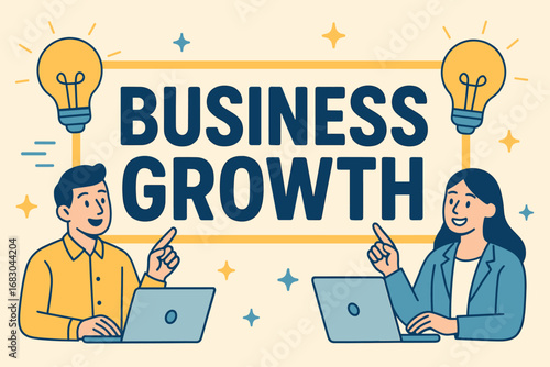 Business Growth banner flat vector illustration bold oversized text inside rectangular frame cartoon characters pointing at laptops and light bulbs pastel trendy palette with #EFC050.
