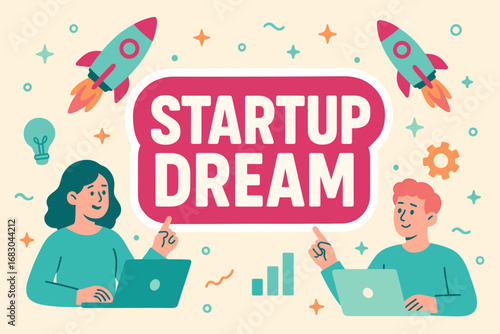 Startup Dream banner flat vector illustration bold oversized text inside outline cartoon characters pointing at laptops and rockets pastel trendy palette with #BC243C #40E0D0 #20B2AA.