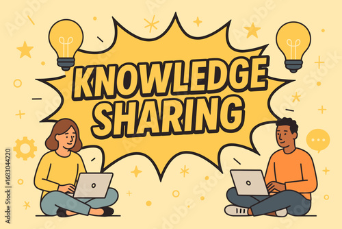 Knowledge Sharing banner flat vector illustration bold oversized text inside comic burst cartoon characters sitting with laptops and light bulbs pastel trendy palette with #FFD662 #FFD700.
