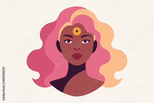 Illustrated Woman with Wavy Pink and Peach Hair, Brown Skin and Golden Bindi