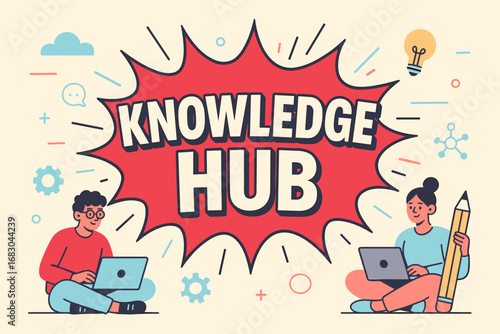 Knowledge Hub banner flat vector illustration bold oversized text inside comic burst cartoon characters sitting with laptops and pencils pastel trendy palette with #DC143C #B0E0E6 abstract.