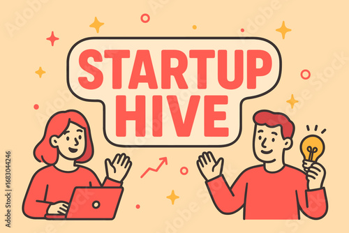 Startup Hive banner flat vector illustration bold oversized text inside outline cartoon characters waving with laptops and light bulbs pastel trendy palette with #FFDEAD #DC143C stars and.