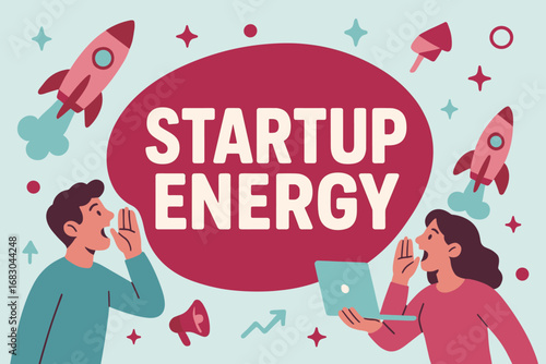 Startup Energy banner flat vector illustration bold oversized text inside rounded blob cartoon characters shouting with rockets and laptops pastel trendy palette with #C71585 #9B2335.