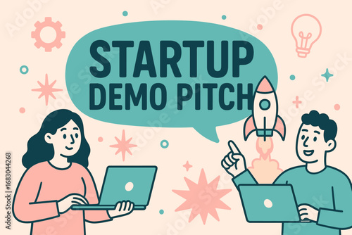 Startup Demo Pitch banner flat vector illustration bold oversized text inside rounded blob cartoon characters presenting with laptops and rockets pastel trendy palette with #45B8AC #F7CAC9.