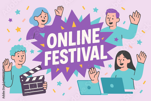 Online Festival banner flat vector illustration bold oversized text inside splash explosion cartoon characters waving with clapper board and laptops pastel trendy palette with #B565A7.