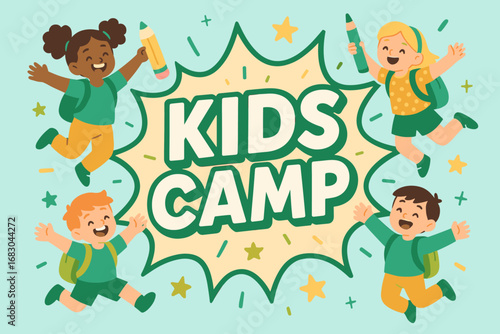 Kids Camp banner flat vector illustration bold oversized text inside comic burst cartoon characters jumping with backpacks and pencils pastel trendy palette with #B0E0E6 #009B77 #88B04B.