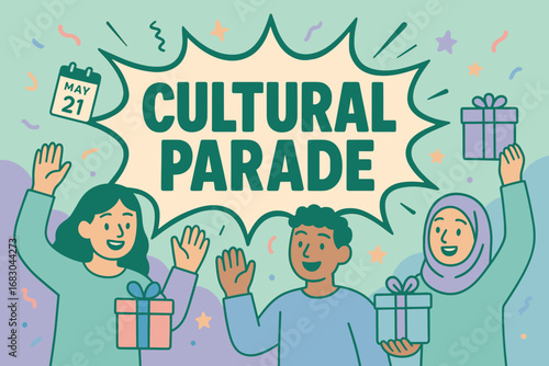 Cultural Parade banner flat vector illustration bold oversized text inside comic burst cartoon characters waving with calendars and gift boxes pastel trendy palette with #2E8B57 #B0E0E6.