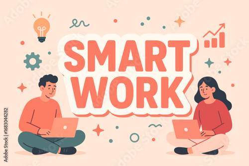 Smart Work banner flat vector illustration bold oversized text inside outline cartoon characters sitting with laptops and light bulbs pastel trendy palette with #FF6F61 #BC243C abstract.