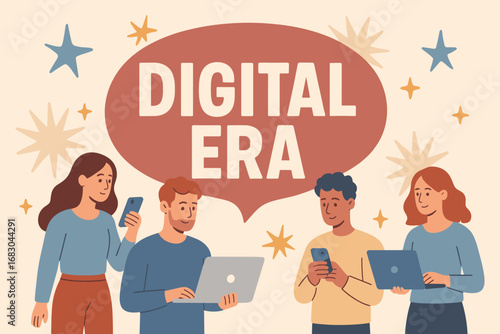 Digital Era banner flat vector illustration bold oversized text inside rounded blob cartoon characters standing with laptops and smartphones pastel trendy palette with #955251 #4682B4.