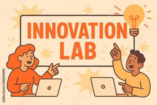 Innovation Lab banner flat vector illustration bold oversized text inside rectangular frame cartoon characters pointing at laptops and light bulbs pastel trendy palette with #FF4500 #FFB347.