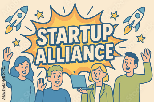 Startup Alliance banner flat vector illustration bold oversized text inside comic burst cartoon characters waving with rockets and laptops pastel trendy palette with #4682B4 #88B04B.