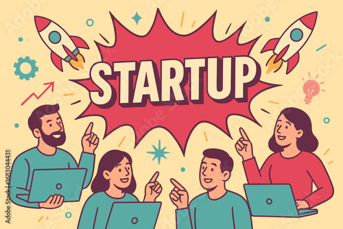 Startup Bold banner flat vector illustration bold oversized text inside comic burst cartoon characters pointing at laptops and rockets pastel trendy palette with #FFD662 #BC243C #009B77.