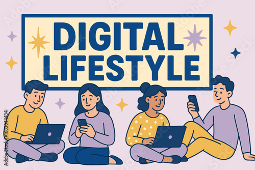 Digital Lifestyle banner flat vector illustration bold oversized text inside rectangular frame cartoon characters sitting with laptops and smartphones pastel trendy palette with #00539C.