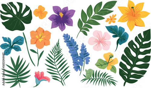Vibrant collection of tropical exotic flowers and lush green leaves on white background