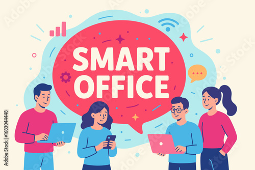 Smart Office banner flat vector illustration bold oversized text inside rounded blob cartoon characters standing with laptops and smartphones pastel trendy palette with #DC143C #7BC8F6.