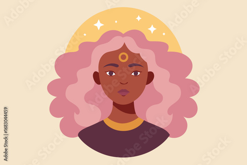 Illustration of Woman with Pink Hair, Stars, and Golden Circle Detail