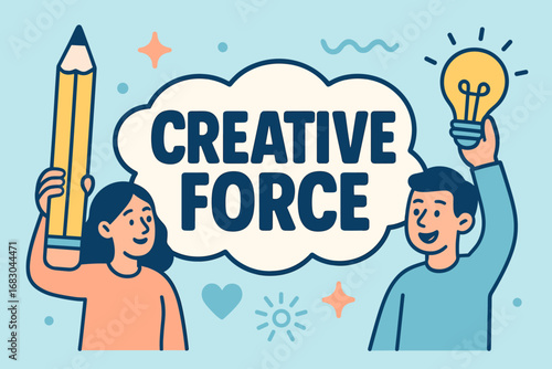 Creative Force banner flat vector illustration bold oversized text inside outline cartoon characters holding pencils and light bulbs pastel trendy palette with #00539C #AFEEEE stars and.