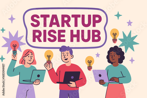 Startup Rise Hub banner flat vector illustration bold oversized text inside outline cartoon characters standing with laptops and light bulbs pastel trendy palette with #6B5B95 #DC143C.