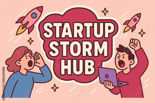 Startup Storm Hub banner flat vector illustration bold oversized text inside outline cartoon characters shouting with rockets and laptops pastel trendy palette with #955251 #5B5EA6 #9B2335.