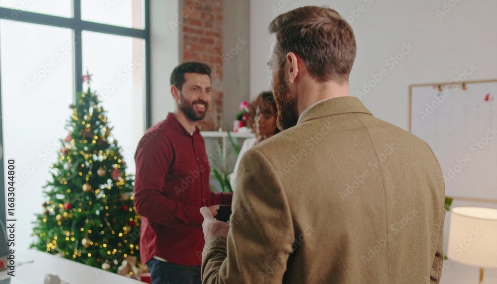 Fototapeta premium Coworkers working in office with christmas tree in background