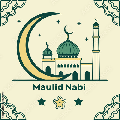 Elegant Maulid Nabi Design With Mosque Crescent Moon And Star Elements Free PNG and Clipart