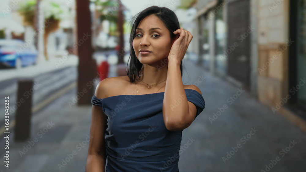 Woman standing in urban street setting, young and smiling with relaxed expression, embodying confidence and elegance with hispanic or latin american features in an outdoor environment. Woman standing in urban street setting, young and smiling with relaxed expression, embodying confidence and elegance with hispanic or latin american features in an outdoor environment.