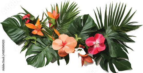Vibrant tropical flower arrangement with lush greenery and exotic blooms