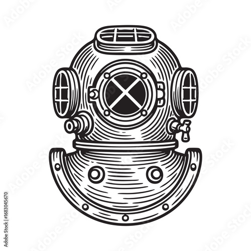 vintage diving helmet in detailed engraving style silhouette