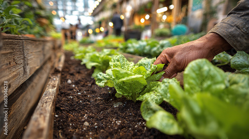 Gardener harvesting fresh lettuce in a vibrant greenhouse during the spring season