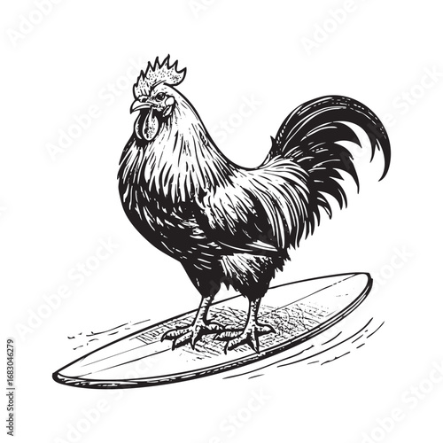 rooster surfing on the ocean engraving black and white outline