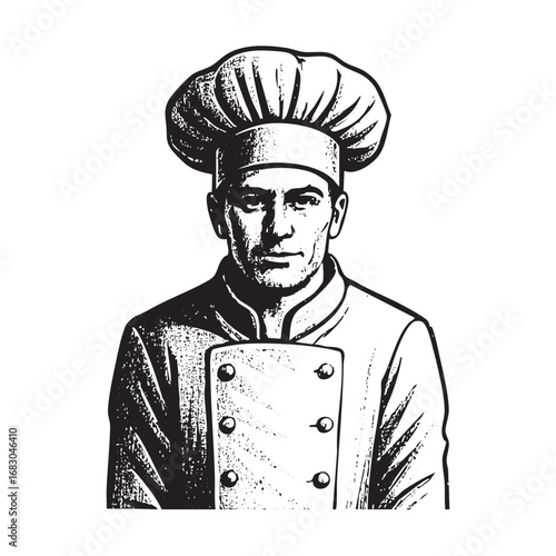 chef man draft silhouette drawing, black on white line art.