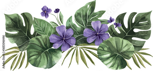 Vibrant purple flowers and lush green tropical leaves arranged artfully