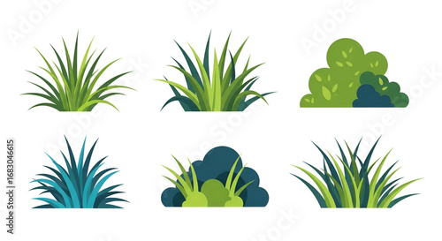 Collection of stylized green and blue grass clumps and lush bushes. A versatile set of vector plant icons for landscaping and nature design elements