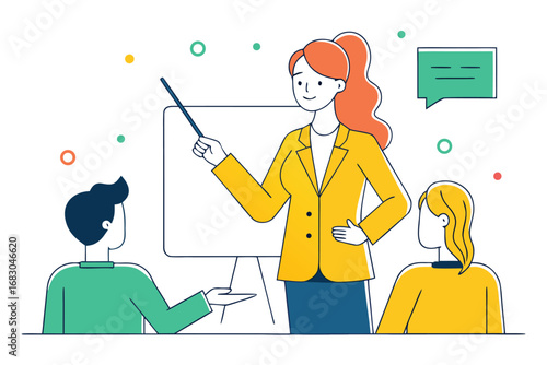 Professional Woman Giving Presentation to Two Attendees in a Meeting Illustration on White Background