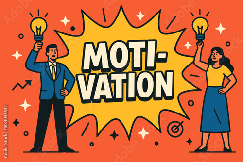Motivation banner flat vector illustration bold oversized text inside splash explosion cartoon characters standing tall with light bulbs in hand bright solid colors high contrast stars and.