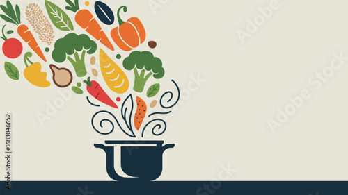 An illustration of a pot with vegetables rising out of it on a beige background with a dark blue base