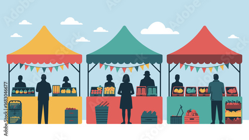 Illustration of a vibrant outdoor farmers market with colorful tents and silhouette figures selling produce