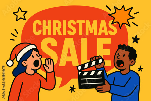 nner flat vector illustration bold oversized text inside rounded blob cartoon characters shouting with clapper board bright solid colors high contrast stars and explosion shapes minimal.