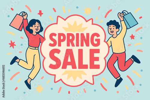 Spring Sale banner flat vector illustration bold oversized text inside outline cartoon characters jumping with shopping bags pastel trendy palette with #B0E0E6 #DC143C confetti and.