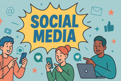 Social Media banner flat vector illustration bold oversized text inside comic burst cartoon characters pointing at smartphones and laptops pastel trendy palette with #4682B4 #F08080 #2E8B57.