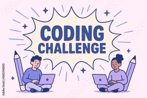 Coding Challenge banner flat vector illustration bold oversized text inside splash explosion cartoon characters sitting with laptops and pencils pastel trendy palette with #5B5EA6 #D8BFD8.