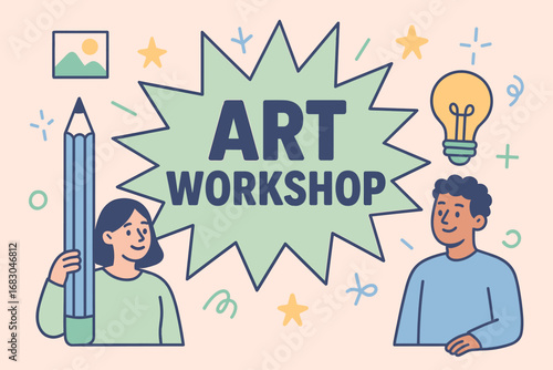 Art Workshop banner flat vector illustration bold oversized text inside splash explosion cartoon characters standing with pencils and light bulbs pastel trendy palette with #FFE4E1 #5B5EA6.