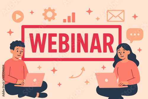 Webinar banner flat vector illustration bold oversized text inside rectangular frame cartoon characters sitting with laptops and chat bubbles pastel trendy palette with #BC243C #F7786B.