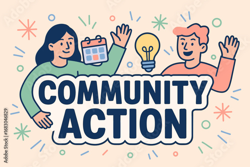 Community Action banner flat vector illustration bold oversized text inside outline cartoon characters waving with calendars and light bulbs pastel trendy palette with #00539C #D8BFD8.