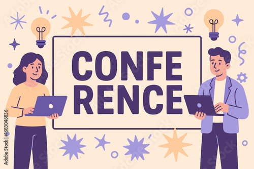Conference banner flat vector illustration bold oversized text inside rectangular frame cartoon characters standing with laptops and light bulbs pastel trendy palette with #5B5EA6 #6B5B95.