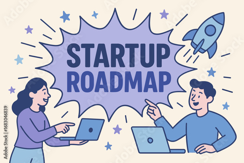 Startup Roadmap banner flat vector illustration bold oversized text inside splash explosion cartoon characters pointing at laptops and rockets pastel trendy palette with #5B5EA6 #6B5B95.
