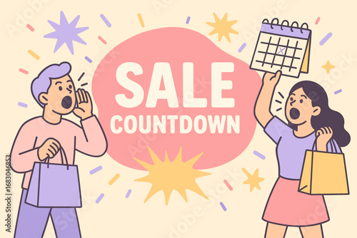 Sale Countdown banner flat vector illustration bold oversized text inside rounded blob cartoon characters shouting with shopping bags and calendars pastel trendy palette with #F7CAC9.