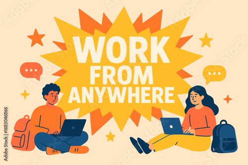Work From Anywhere banner flat vector illustration bold oversized text inside splash explosion cartoon characters sitting with laptops and backpacks pastel trendy palette with #FFD700.