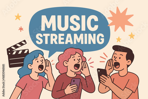 Music Streaming banner flat vector illustration bold oversized text inside rounded blob cartoon characters shouting with clapper board and smartphones pastel trendy palette with #4682B4.